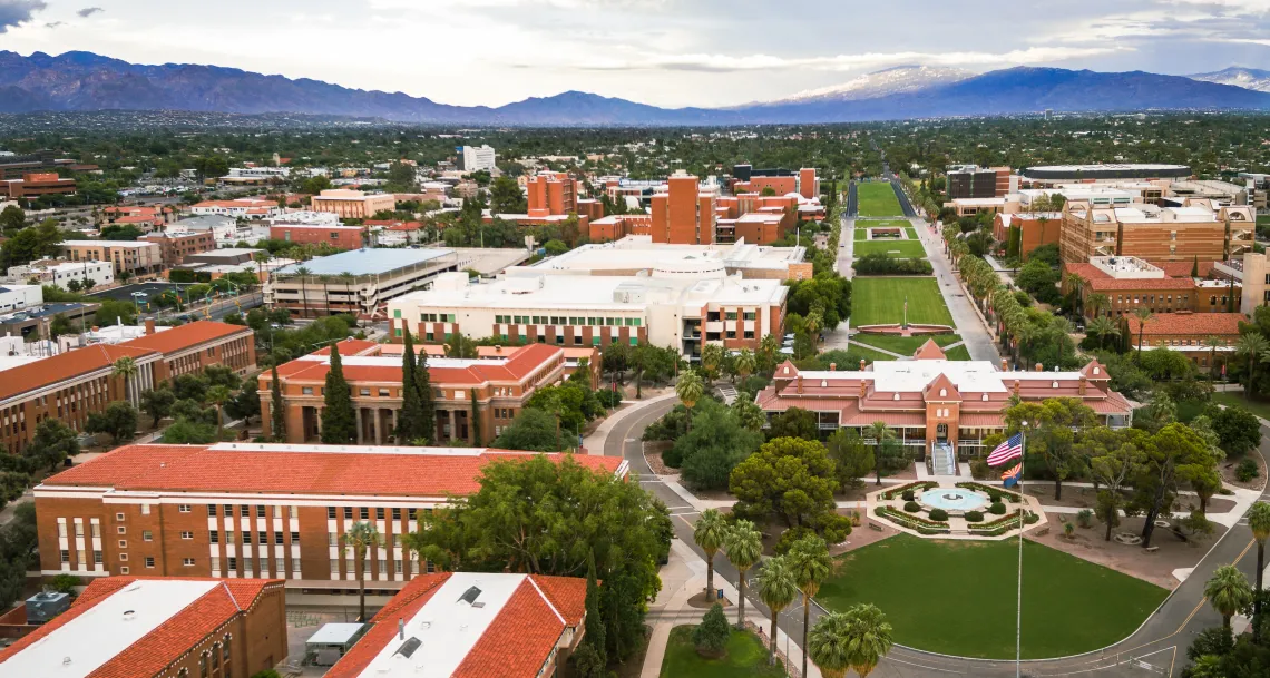 Aerial shot of Old Main, the Mall, the Old Main Fountain, and the Student Union.