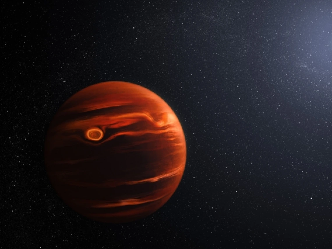 An illustration of exoplanet VHS 1256 b shows a dimly glowing, Jupiter-like planet with cloud features in its atmosphere. 